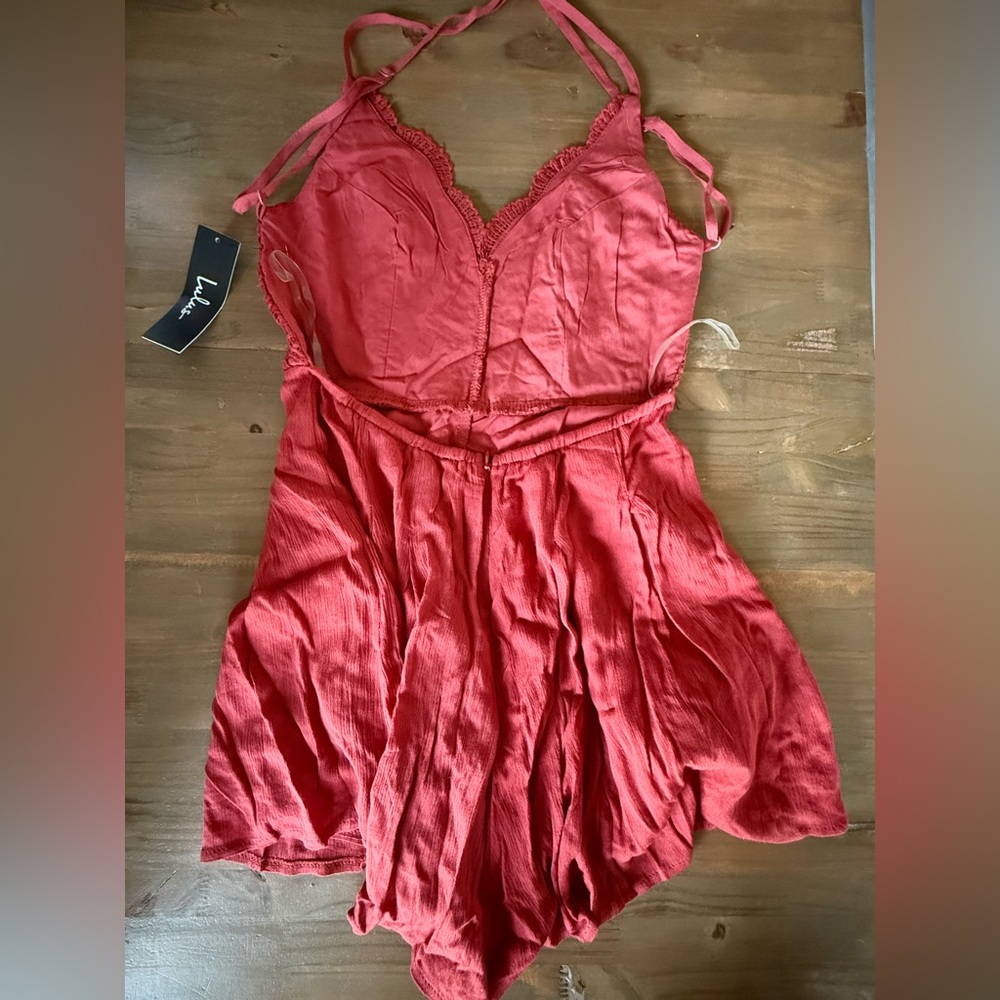 Lulu's Star Spangled Rust Backless Lace Romper - Picture 6 of 8